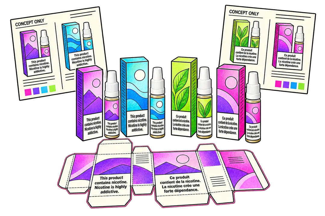 Gamme d’emballages fictive avec panneaux d’avertissement bilingues, planches de maquettes et gabarit de découpe à plat